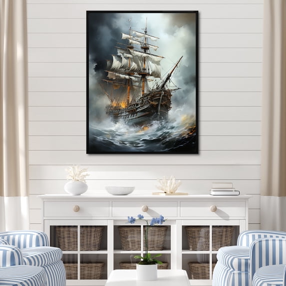Designart "Ghostly Pirate Ship In Stormy Seas" Pirate Floater Framed Canvas Wall Art