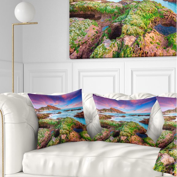 Designart Giallonardo Beach Spring Sunset - Seashore Photo Throw Pillow - 16x16