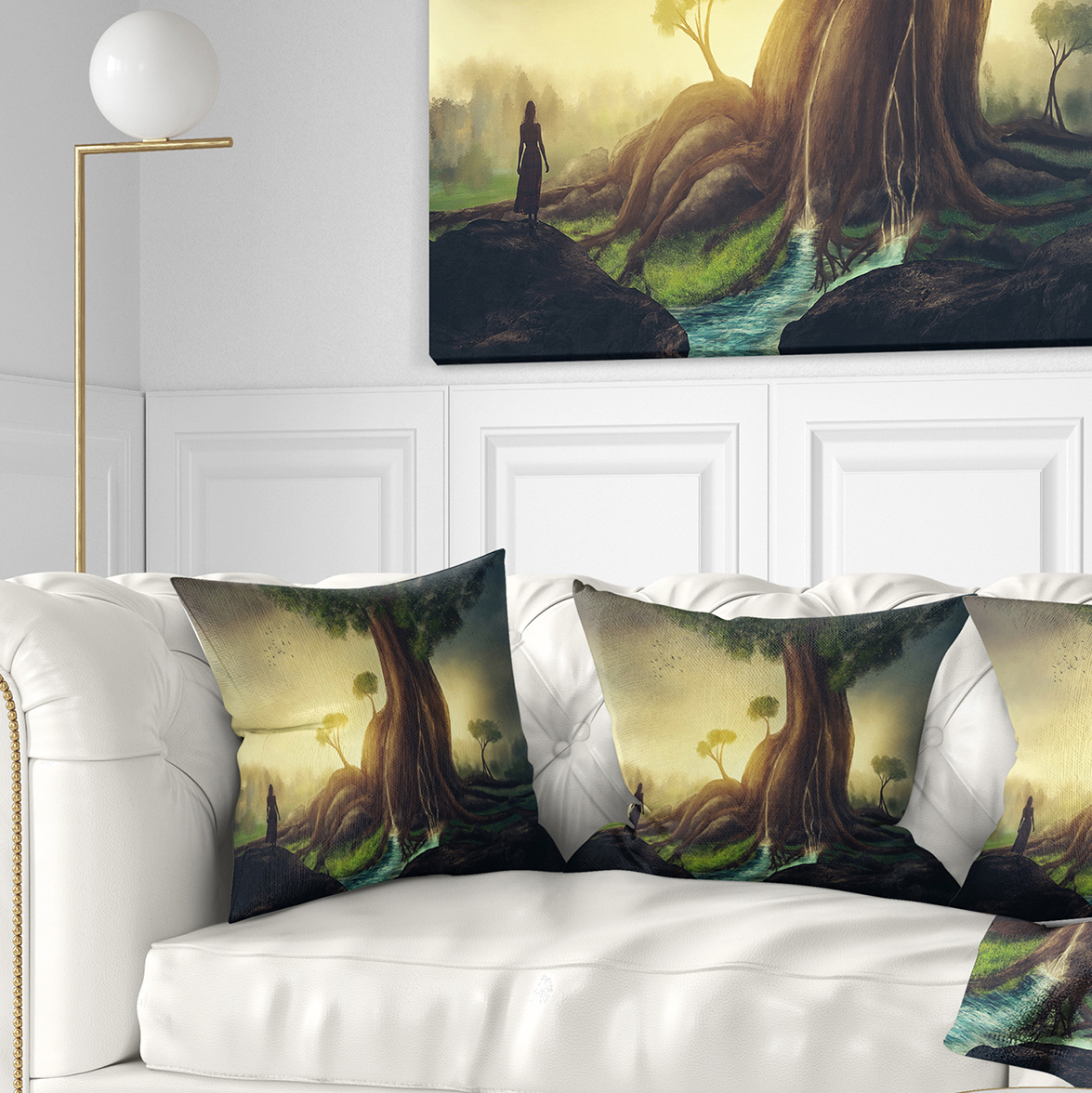 Designart Giant Tree with Woman - Abstract Throw Pillow - 18x18