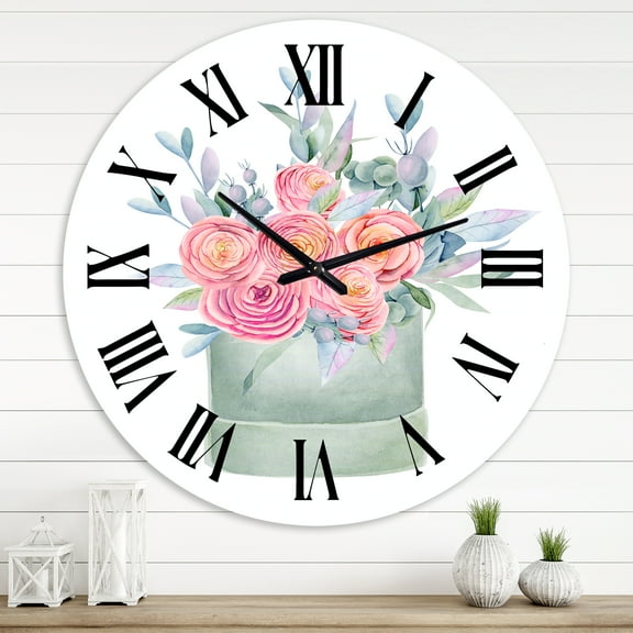 Designart 'Gift Box With Pink Roses' Farmhouse Wall Clock