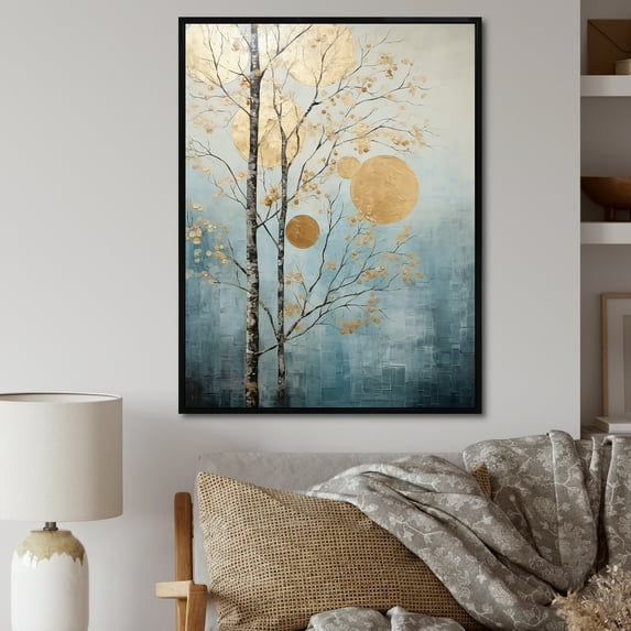 Designart "Gilded Blue Trees Vista I" Landscape Trees Floater Framed Canvas Wall Art