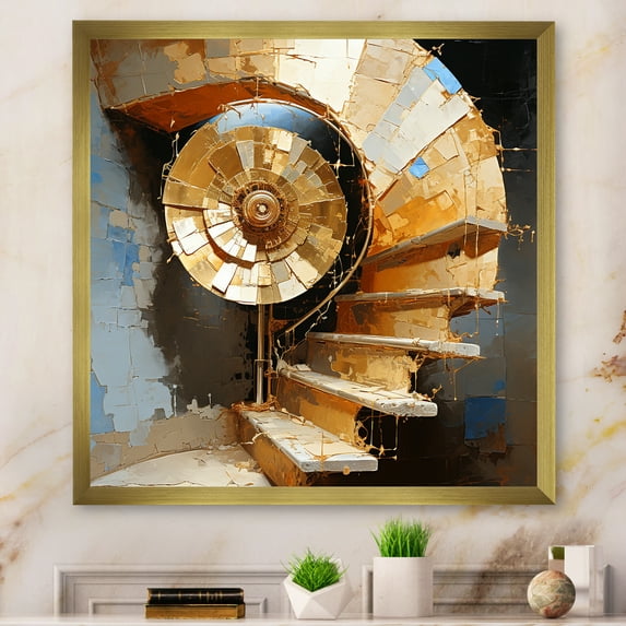 Designart "Gilded Ebony Abstract Spiral Stairway Mosaic collage" Abstract Framed Wall Art Decor - Modern Gold Abstract Collages Entryway Framed Wall Art
