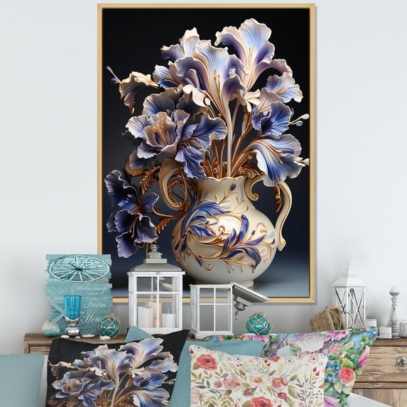Designart "Gilded Elegance: Irises In A Vase" Irises Floater Framed Canvas Prints
