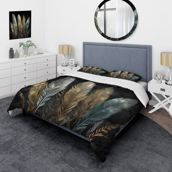Designart "Gilded Feathers Gold II" Glam Feather Bedding Covert Set - Glam Gold Floral Bed Set With 2 Shams