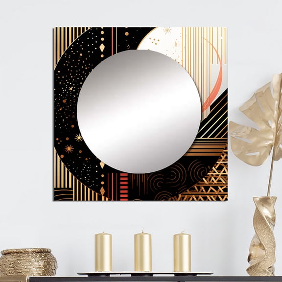 Designart "Gilded Geometric Glamour Full Moon Orb" Modern Geometric Square Mirror Wall Decor Modern - Large Gold Square Bathroom Mirror - Square Printed Wall Mirror Art