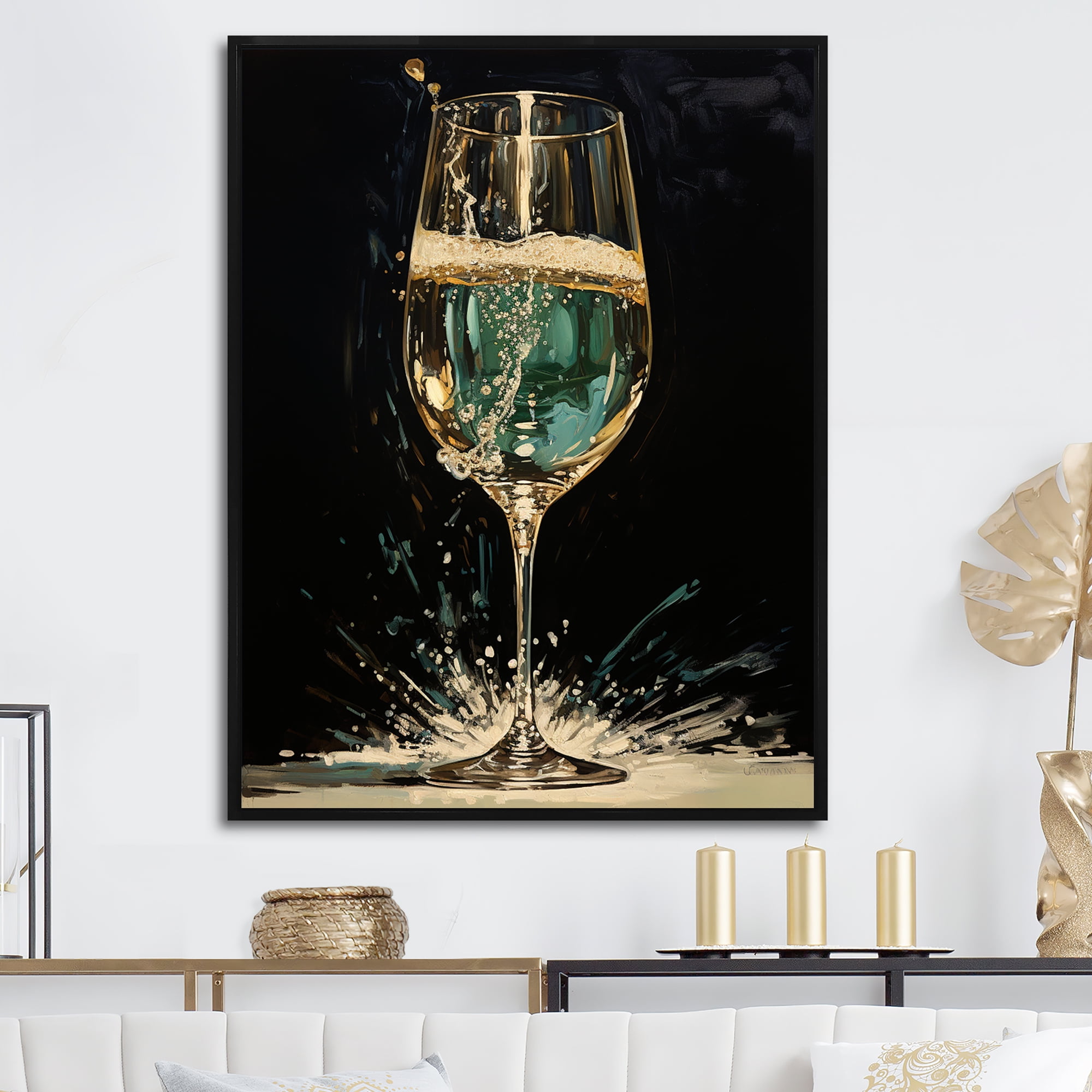 Gold and Emerald Champagne Splash Canvas Print with Black Frame