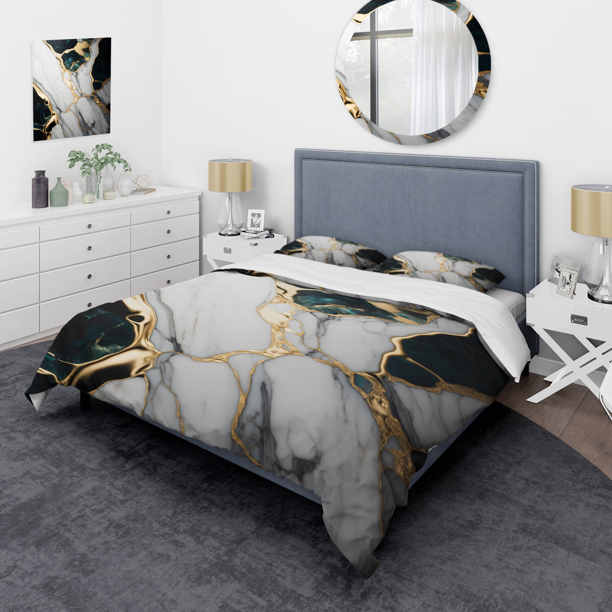 King Size Gold and Green Marble Microfiber Duvet Cover Set