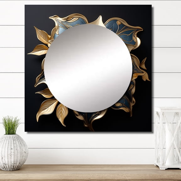 Designart "Gilded Lily Blossom Glamour On Black" Lily Square Mirror For Wall Decor - Large Gold Square Printed Wall Mirror Art - Square Modern Mirror - Wall Mounted Square Large Mirror