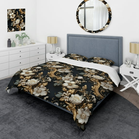 Designart "Gilded Monochrome Florals" Black Floral Bedding Covert Set - Cottage Bed Set With 1 Sham