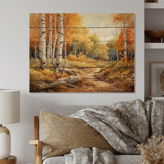 Designart "Gilded Pathway Birch Woods II" Tree Birch Print on Natural Pine Wood