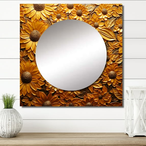 Designart "Gilded Radiant Blossoming Sunflower" Sunflower Square Mirror Wall Decor Traditional - Large Gold Square Bathroom Mirror - Square Printed Wall Mirror Art