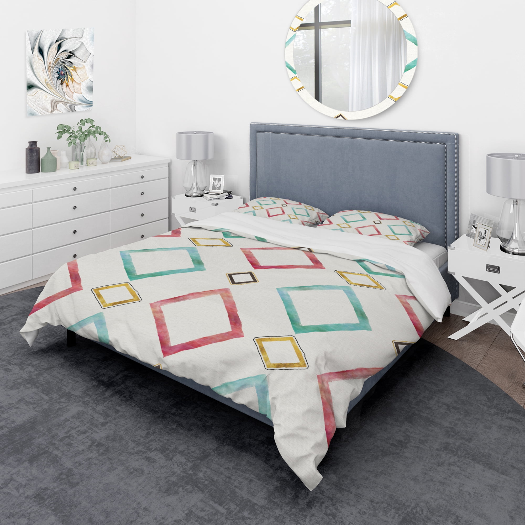 Designart 'Gilded Red and Blue Diamonds' Geometric Duvet Cover Set