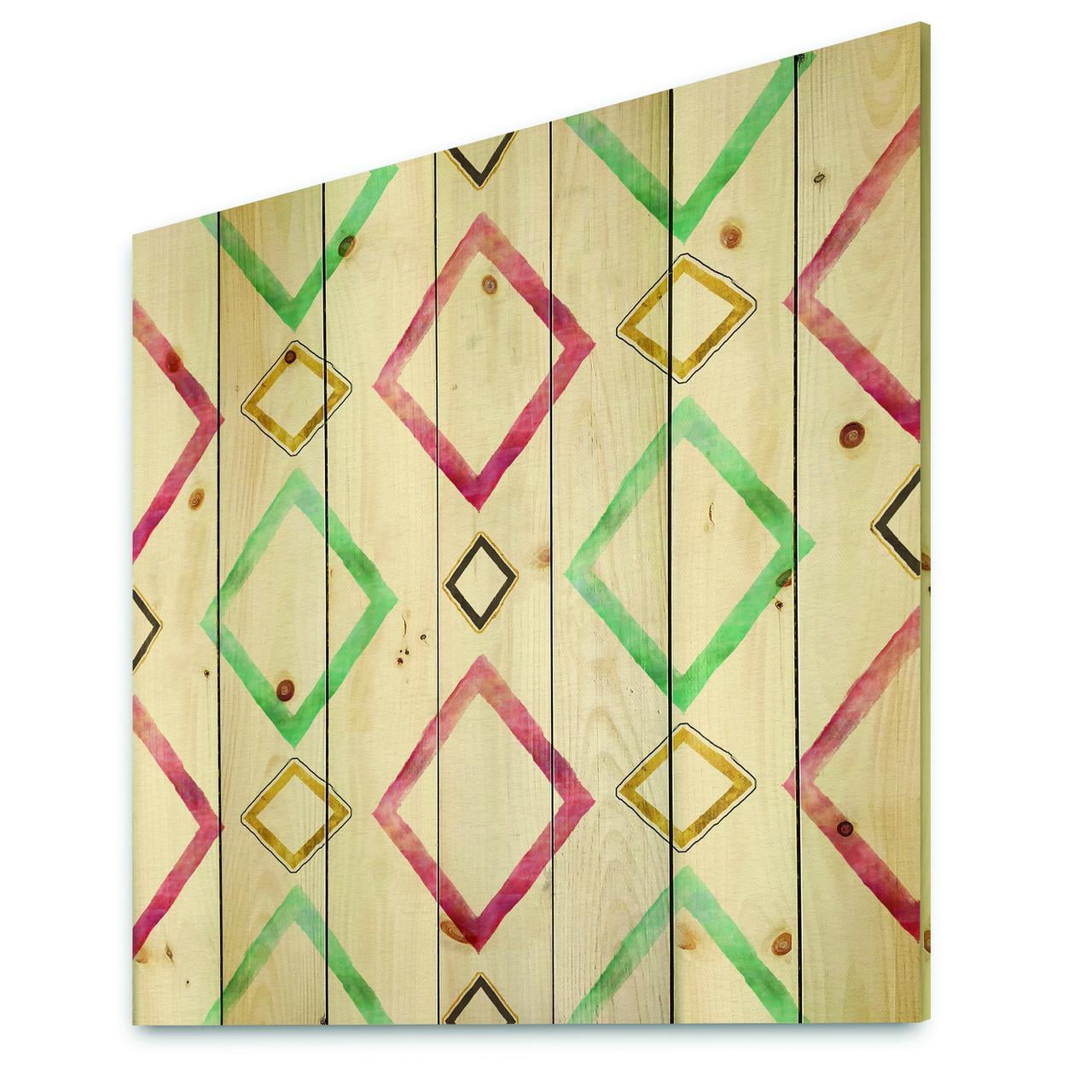 Designart 'Gilded Red and Blue Diamonds' Transitional Print on Natural Pine Wood