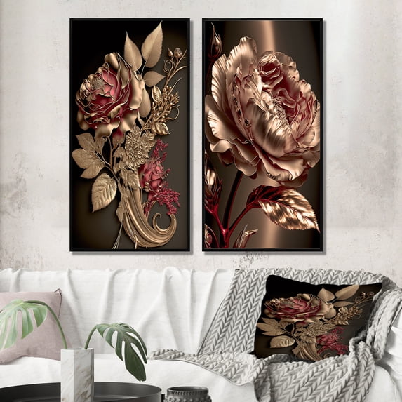 Designart "Gilded Rose with Vintage Glamour I" Floral Framed Wall Art Set Of 2 - Traditional Pink Framed Canvas Set For Living Room Decor