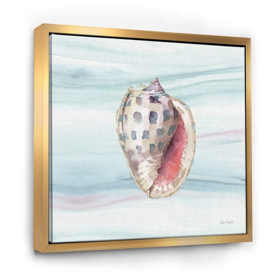 Designart ' Gilded Sea Horn Shell on Blue ' Nautical & Coastal Framed Canvas