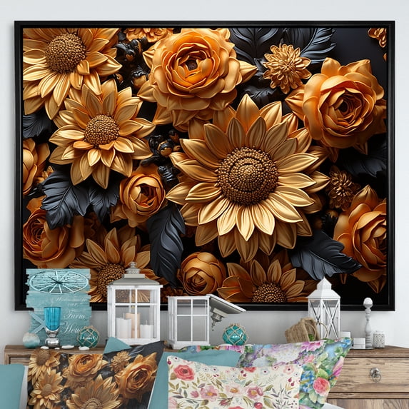 Designart "Gilded Sunflower Elegance I" Sunflowers Floater Framed Canvas Art Print