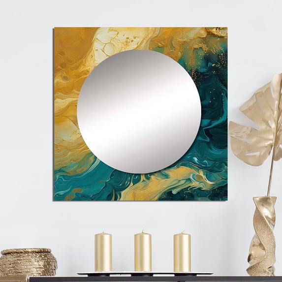Designart "Gilded Sunlight Amidst Deep Blue Waters" Abstract Painting Square Mirror For Wall Decor - Large Gold Square Printed Wall Mirror Art - Wall Mounted Square Large Mirror
