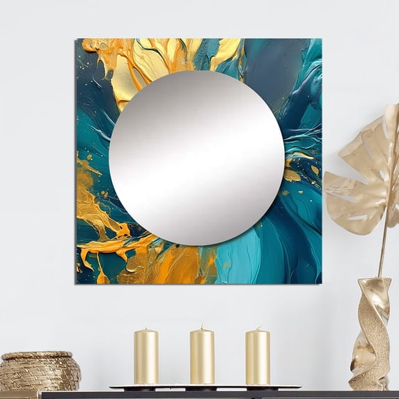 Designart "Gilded Sunlight Amidst Deep Blue Waters I" Abstract Painting Square Mirror Wall Decor Modern - Large Gold Square Bathroom Mirror - Square Printed Wall Mirror Art
