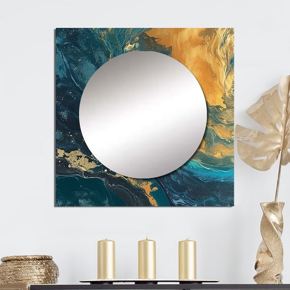 Designart "Gilded Sunlight Amidst Deep Blue Waters III" Abstract Painting Gold Large Square Mirror - Square Bedroom Mirror Printed Wall Decor - Modern Square Printed Wall Mirror Art