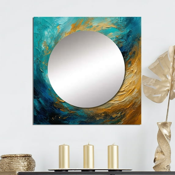 Designart "Gilded Whirlpool Waves Painting III" Abstract Spirals Square Mirror For Wall Decor - Large Gold Square Printed Wall Mirror Art - Wall Mounted Square Large Mirror
