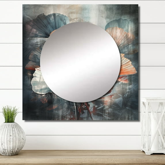 Designart "Ginkgo Amidst Tropical Palms III" Floral Leaves Orange Large Square Mirror - Square Bedroom Mirror Printed Wall Decor - Traditional Square Printed Wall Mirror Art