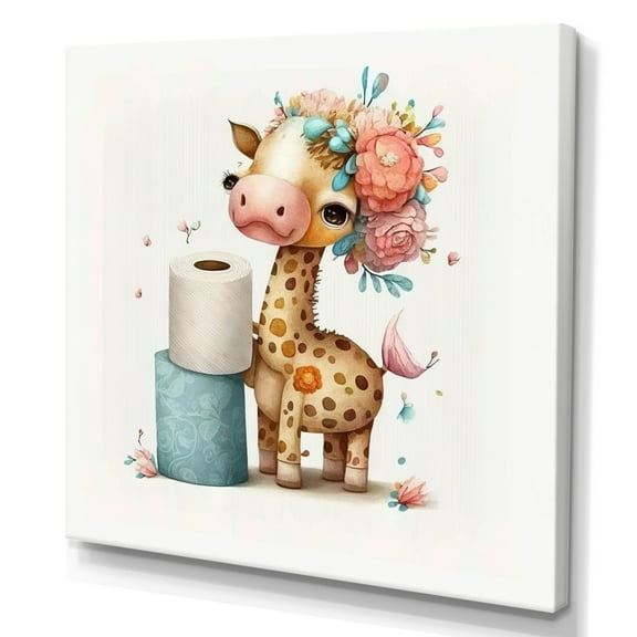Designart Giraffe Building A Tower Of Toilet Paper With Flower Crown Canvas Wall Art