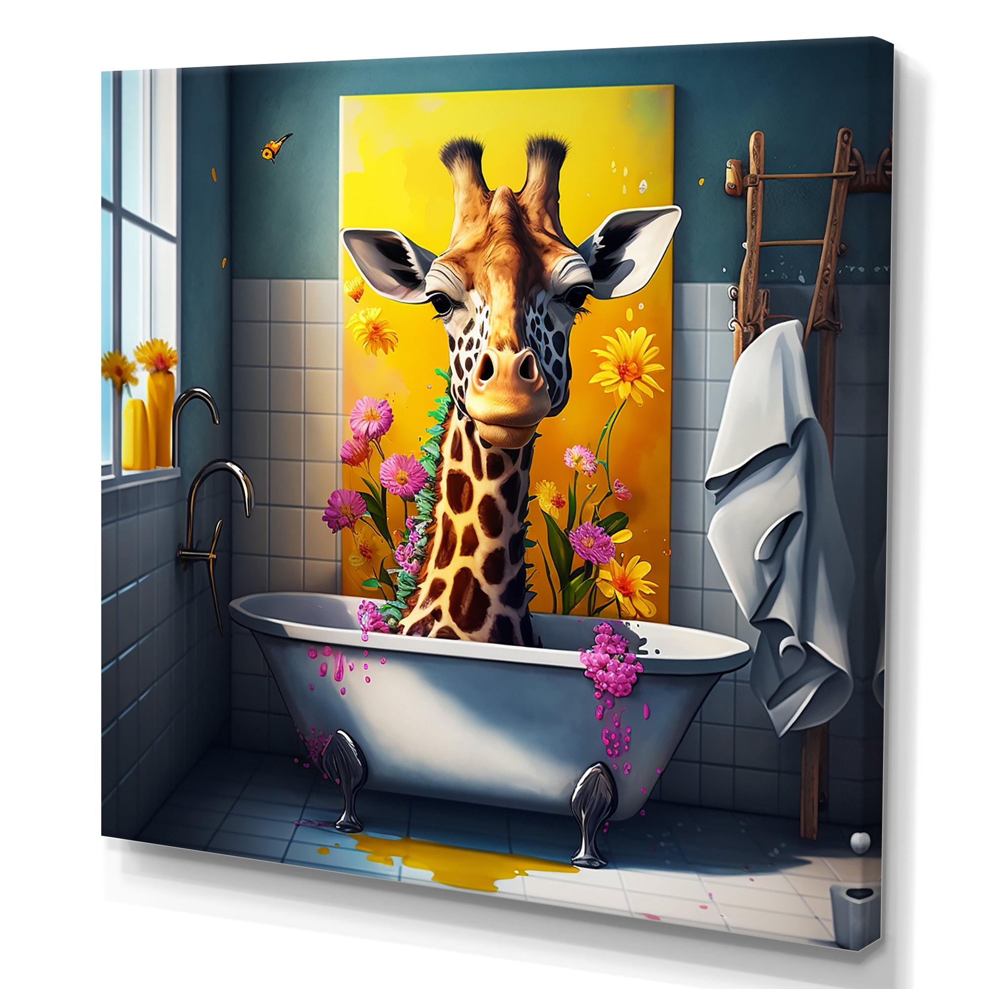 Designart Giraffe Caricature Splashing Around In A Flower Bath II Canvas Wall Art