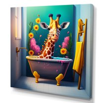 Designart Giraffe Caricature Splashing Around In A Flower Bath III Canvas Wall Art