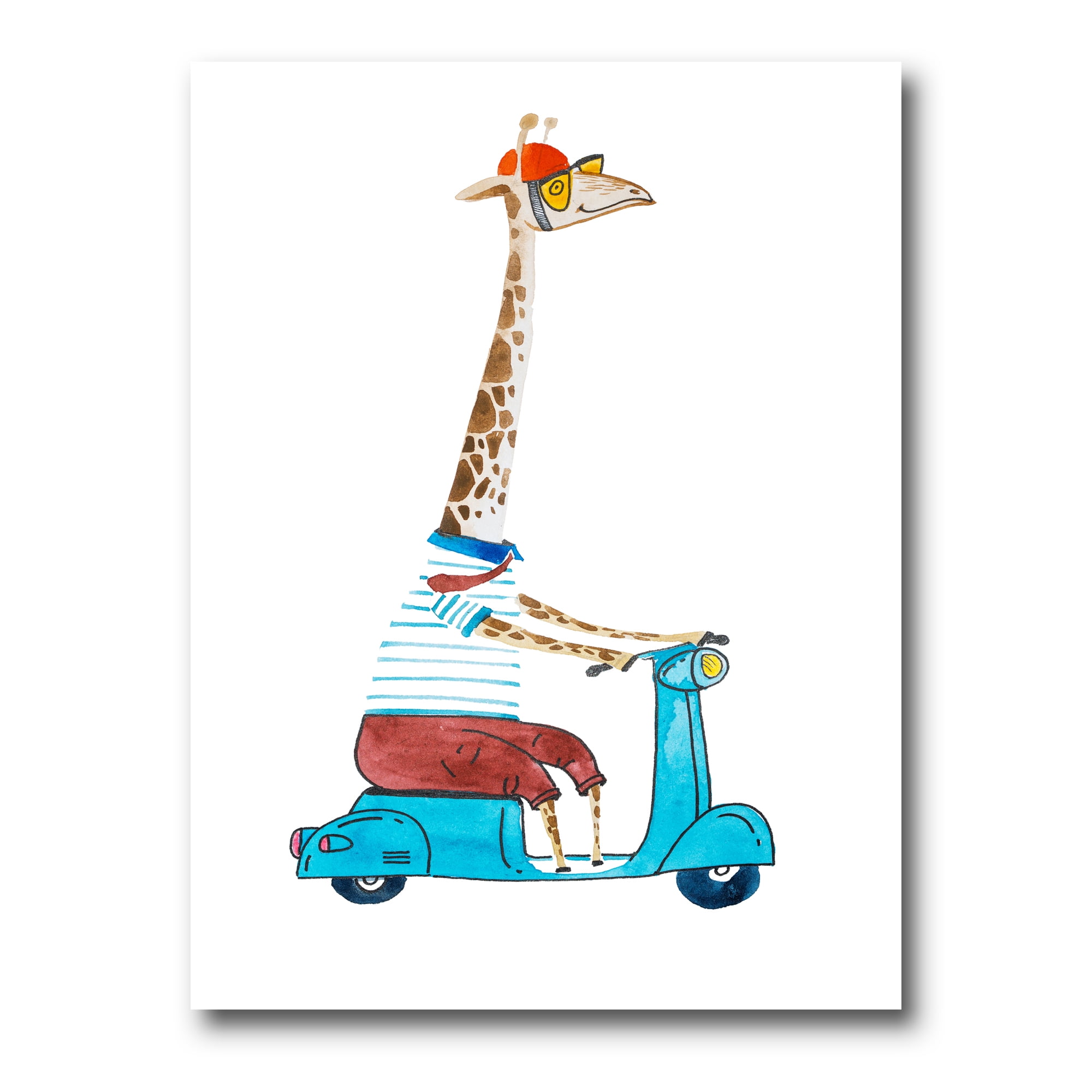 Designart ' Giraffe Dressed Up Wearing Helmet & Riding Blue Scooter ' Children's Art Canvas Wall Art Print
