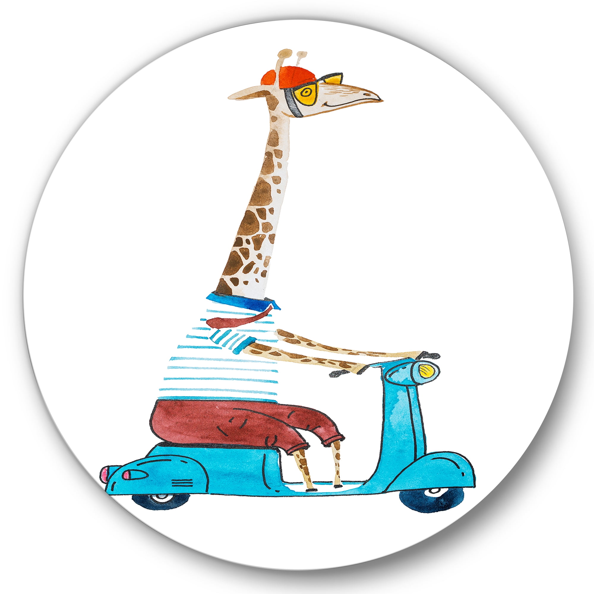 Designart 'Giraffe Dressed Up Wearing Helmet & Riding Blue Scooter' Children's Art Circle Metal Wall Art 23x23 - Disc of 23