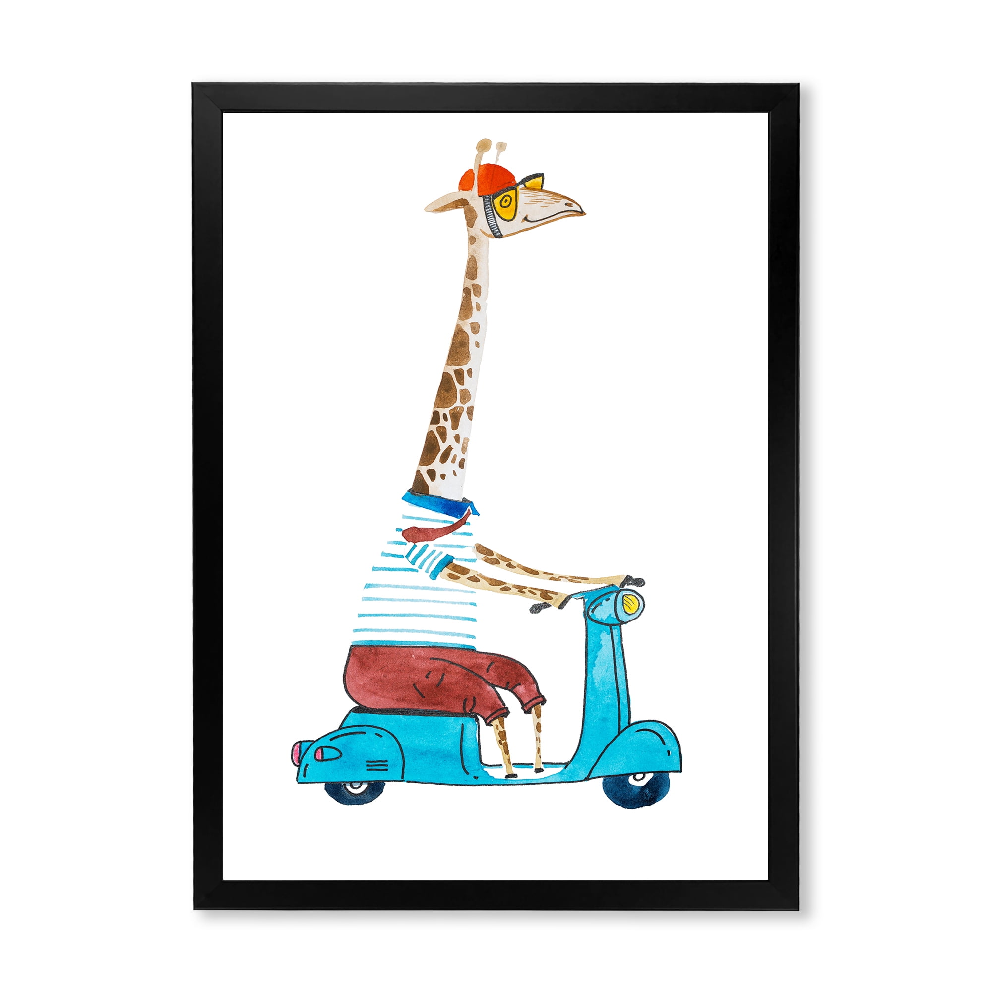 Designart 'Giraffe Dressed Up Wearing Helmet & Riding Blue Scooter' Children's Art Framed Art Print