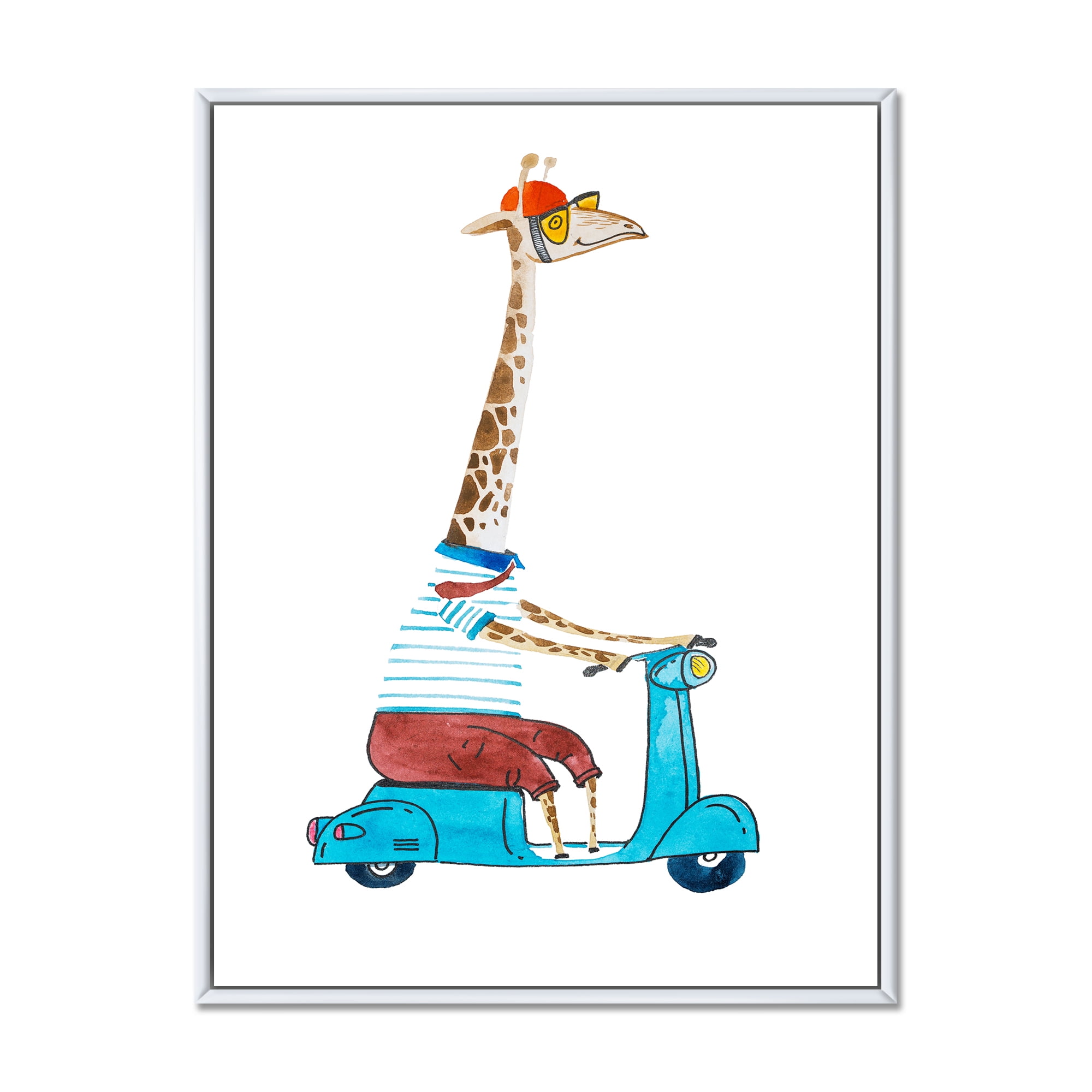 Designart 'Giraffe Dressed Up Wearing Helmet & Riding Blue Scooter' Children's Art Framed Canvas Wall Art Print