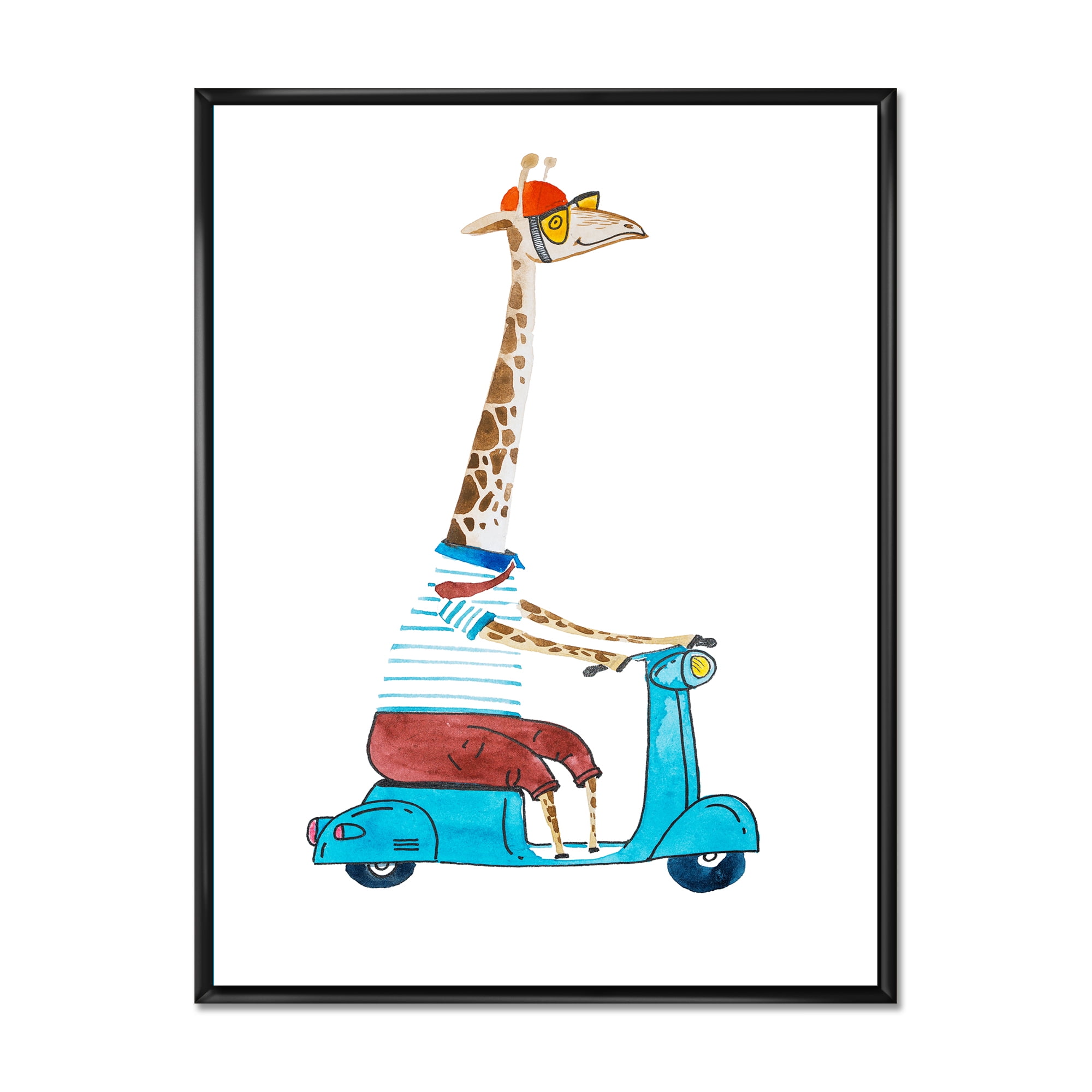Designart 'Giraffe Dressed Up Wearing Helmet & Riding Blue Scooter' Children's Art Framed Canvas Wall Art Print