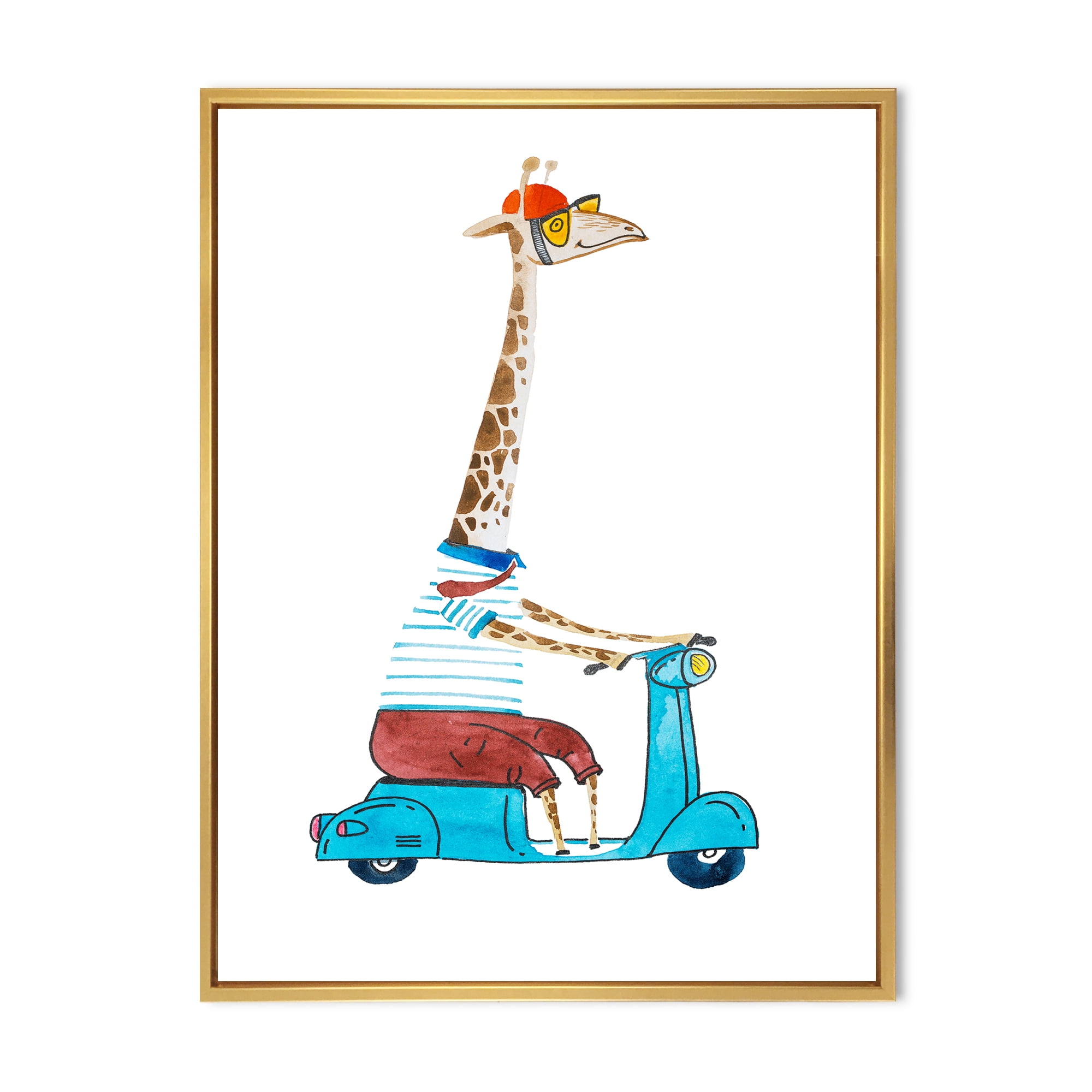 Designart 'Giraffe Dressed Up Wearing Helmet & Riding Blue Scooter' Children's Art Framed Canvas Wall Art Print