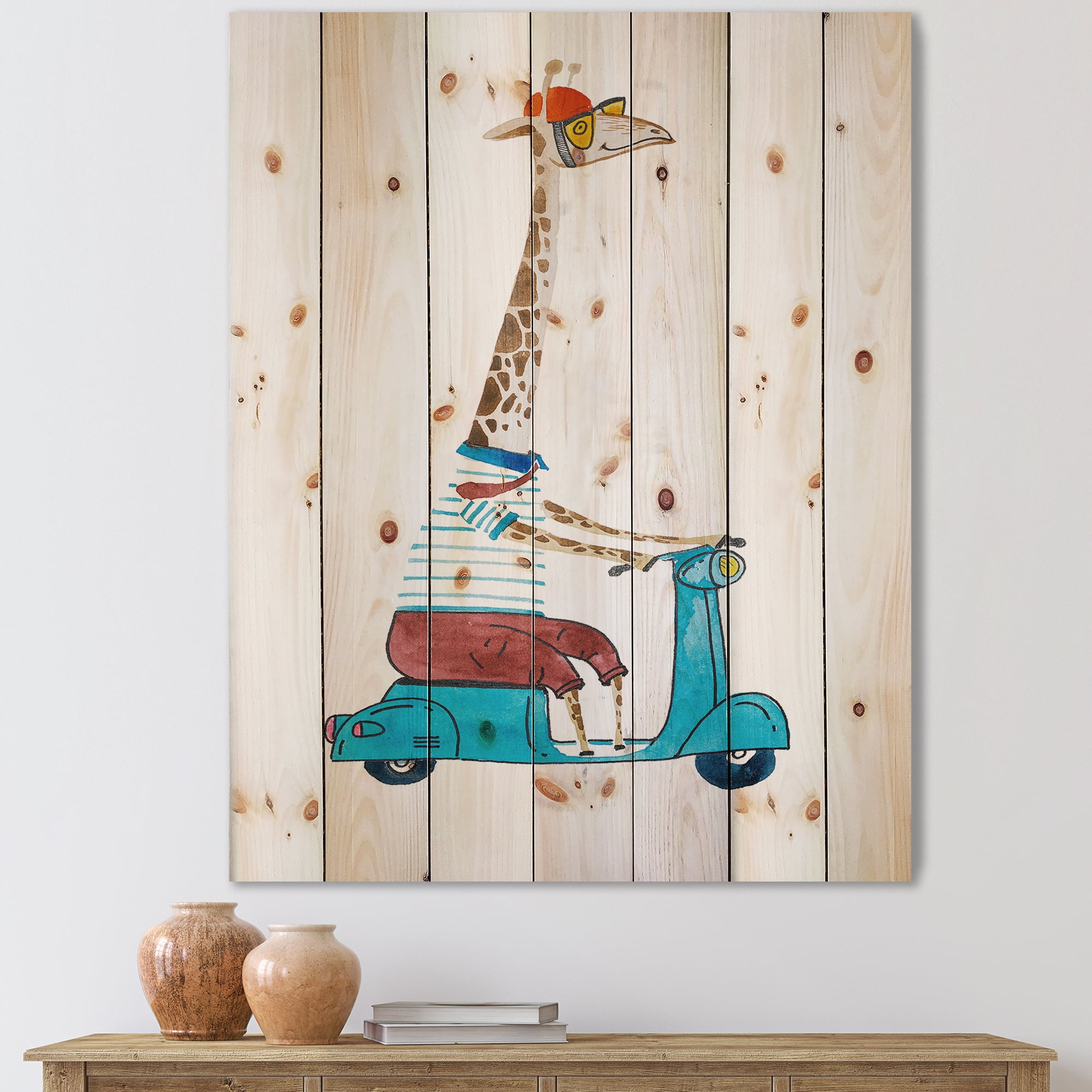 Designart 'Giraffe Dressed Up Wearing Helmet & Riding Blue Scooter' Children's Art Print on Natural Pine Wood