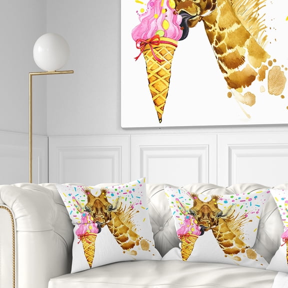 Designart Giraffe Eating Ice Cream Watercolor - Contemporary Animal Throw Pillow - 16x16