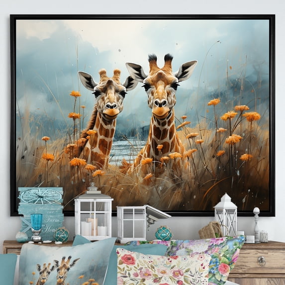 Designart "Giraffe In A Cute Flower Field I" Animals Giraffe Floater Framed Wall Decor