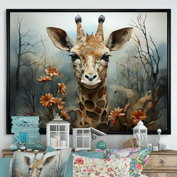 Designart "Giraffe In A Cute Flower Field II" Animals Giraffe Floater Framed Canvas Art Print
