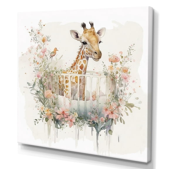 Designart Giraffe In Crib With Flowers Canvas Wall Art