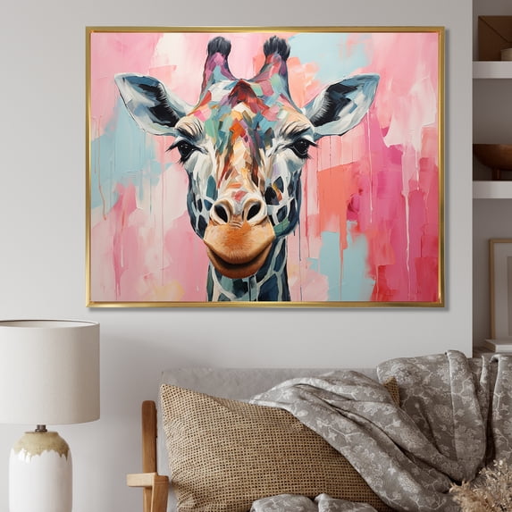 Designart "Giraffe Portrait Brown and Pink Palette" Animals Framed Wall Art - Modern Farmhouse Brown Giraffe Living Room Framed Canvas Art