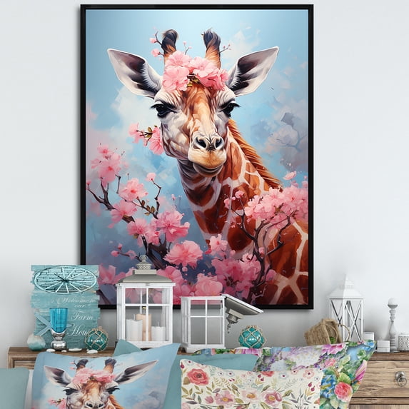 Designart "Giraffe Portrait: Cute And Floral I" Animals Giraffe Floater Framed Wall Decor