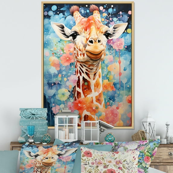 Designart "Giraffe Portrait In Pop Art I" Animals Giraffe Floater Framed Wall Art Living Room
