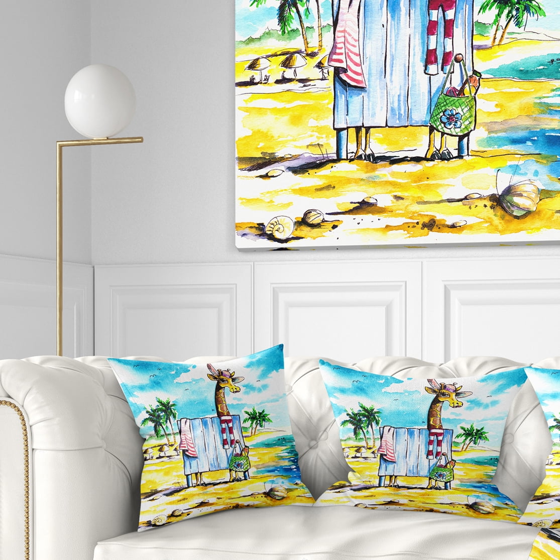 Designart Giraffe in Dressing Room on Beach - Cartoon Animal Throw Pillow - 16x16