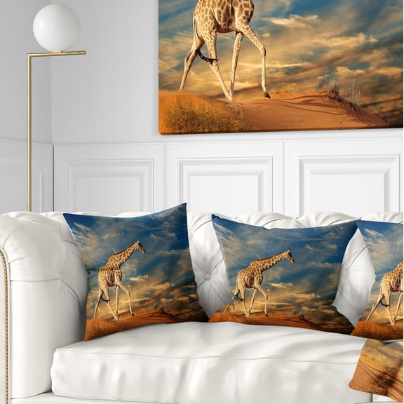 Designart Giraffe on Sand Dune - Animal Throw Pillow - 18x18