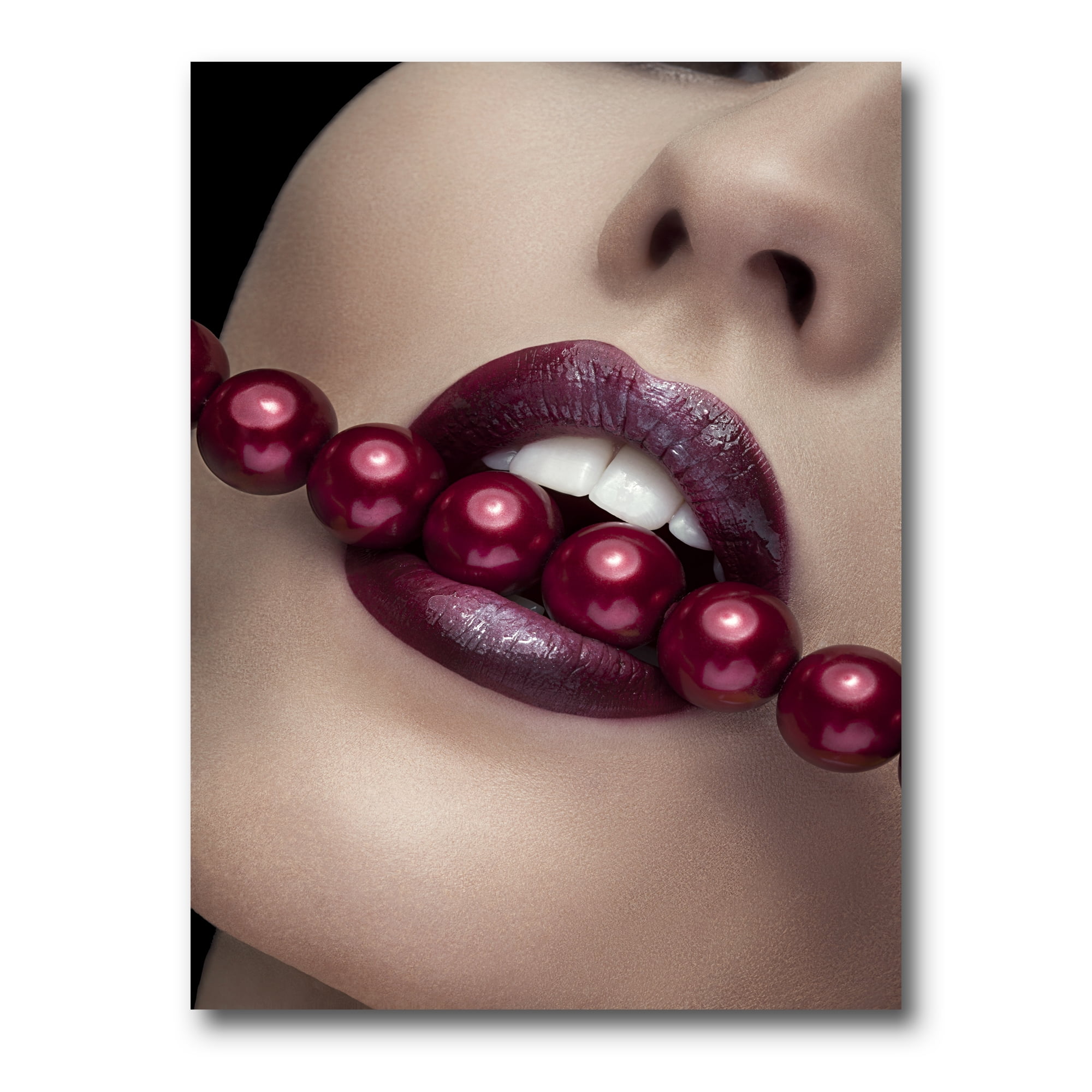 Designart ' Girl Bitting With Red Lips With Red Pearls ' Modern Canvas Wall Art Print