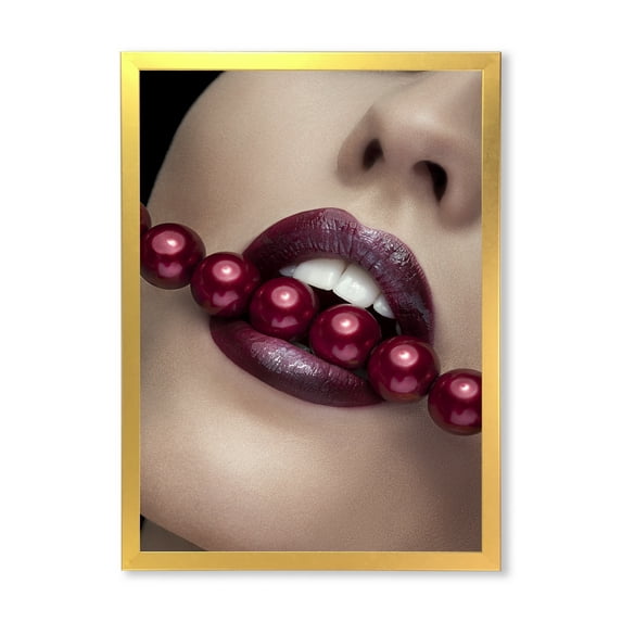 Designart 'Girl Bitting With Red Lips With Red Pearls' Modern Framed Art Print