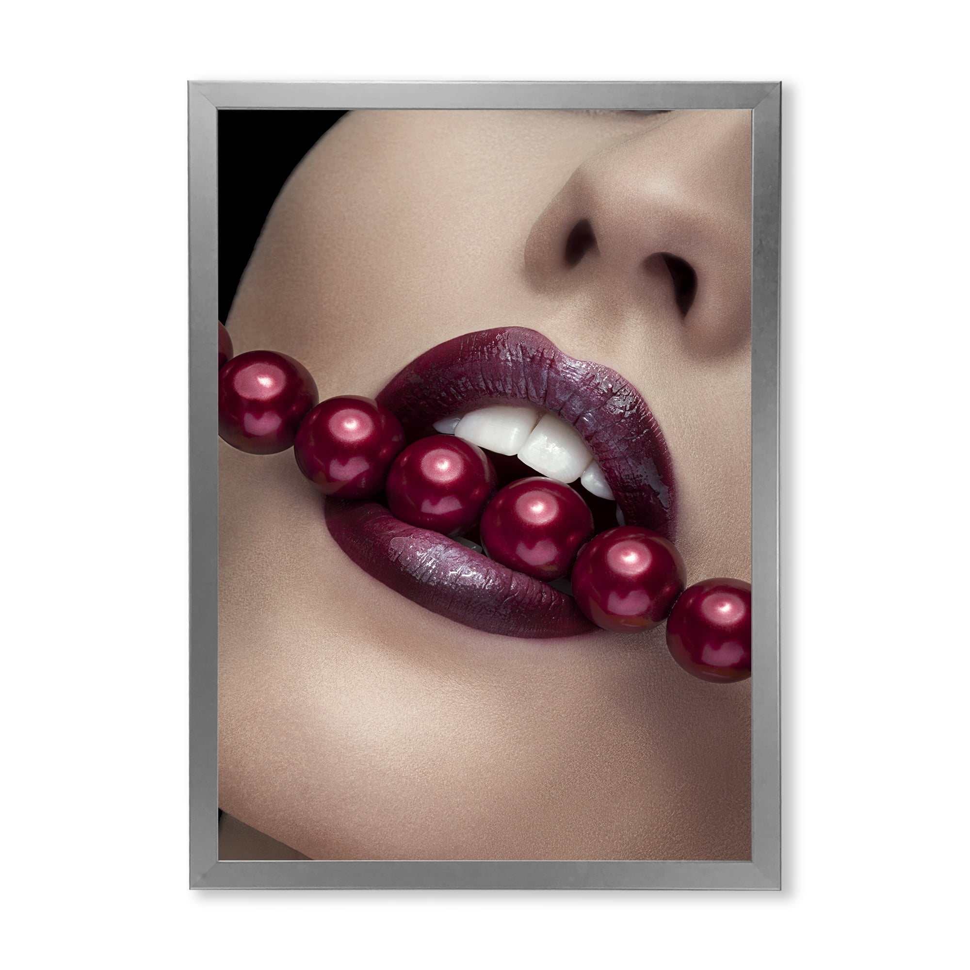 Designart 'Girl Bitting With Red Lips With Red Pearls' Modern Framed Art Print