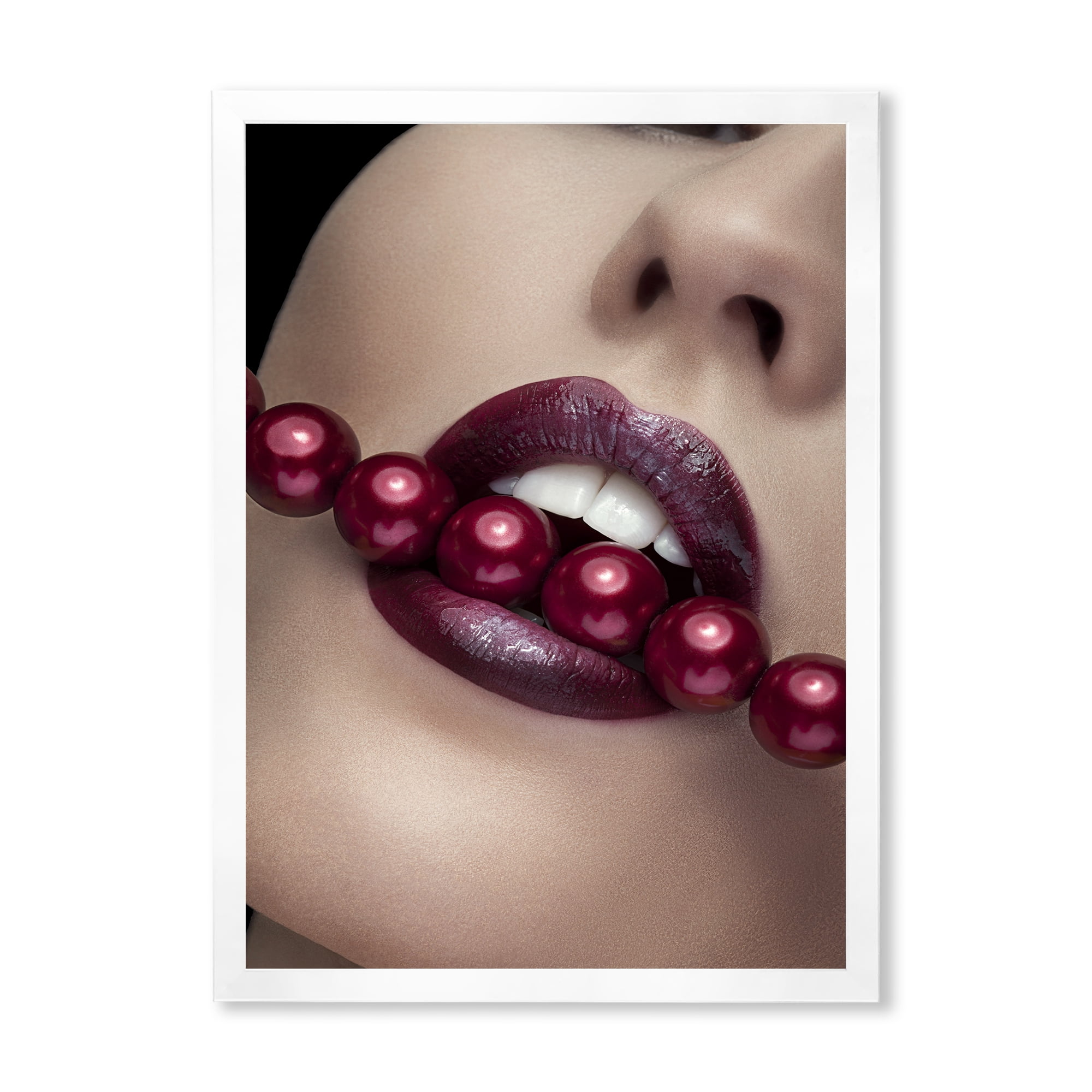 Designart 'Girl Bitting With Red Lips With Red Pearls' Modern Framed Art Print