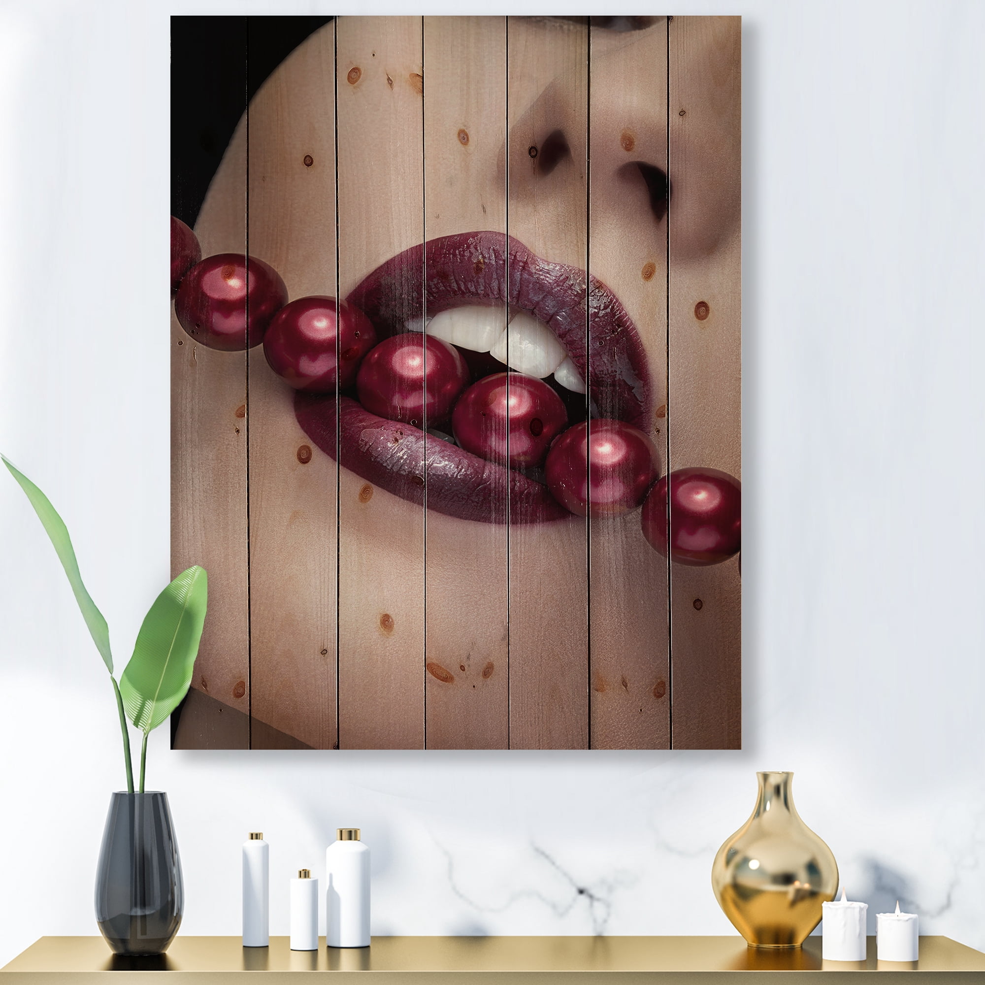 Designart 'Girl Bitting With Red Lips With Red Pearls' Modern Print on Natural Pine Wood