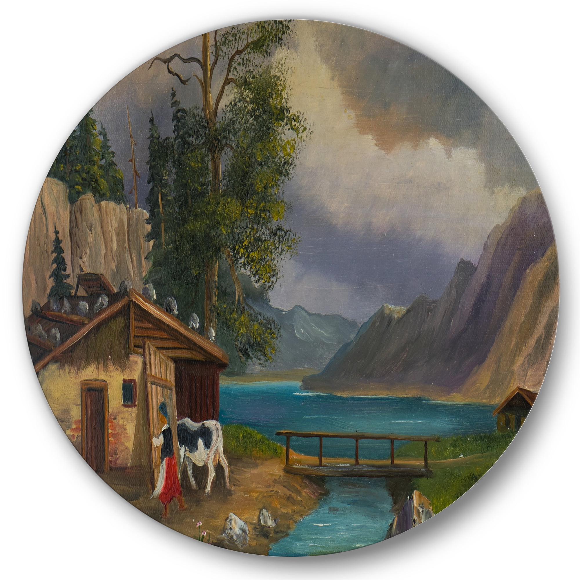 Designart 'Girl Brings The Cow Into The Stable At A Lake' Farmhouse Circle Metal Wall Art 29x29 - Disc of 29